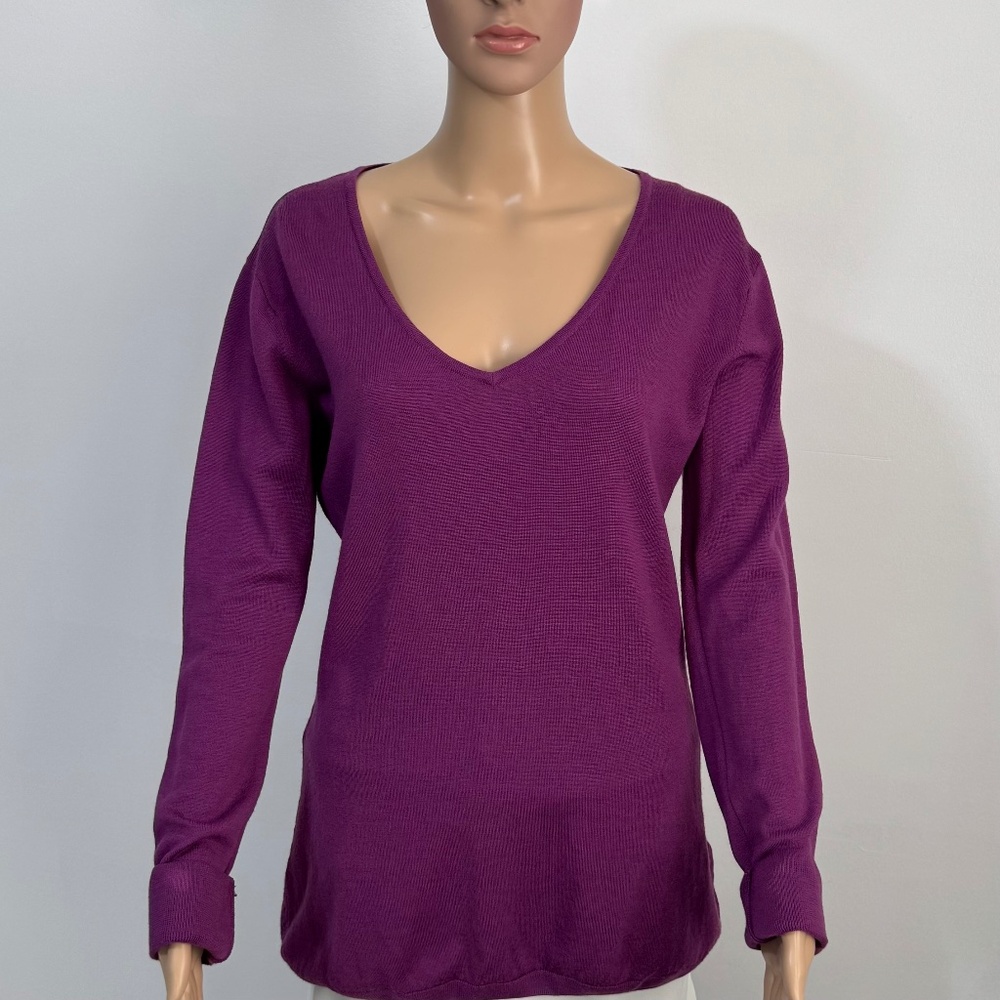 Lord & Taylor 100% Extra Fine Merino Washable Wool V-Neck Sweater in Purple